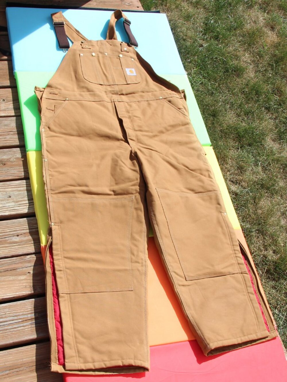Carhartt R02 BRN Bib Overalls Red Quilt Lined USA Made 46x30 Double Knee